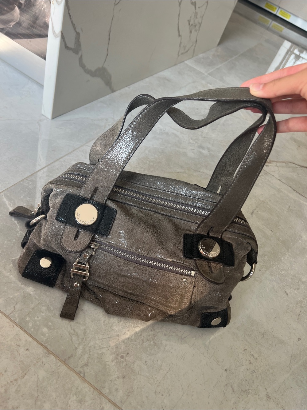 B. Makowsky Metallic Gray Shoulder Bag with Dual Zippers